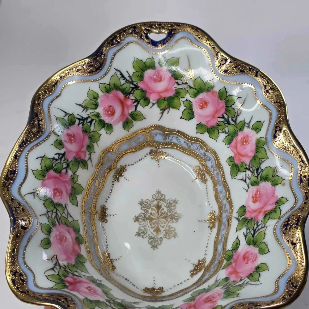 Antique Nippon IE&C Co Hand Painted 4-Footed Porcelain Bowl Cobalt Pink Roses 9